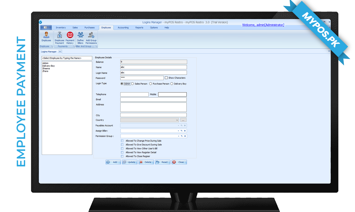 myPOS desktop POS software screen — employee payment