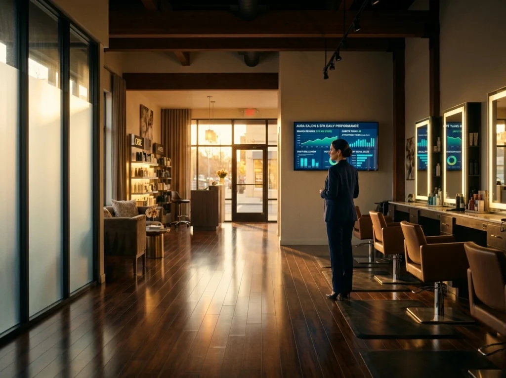Salon owner reviewing POS analytics on wall screen.