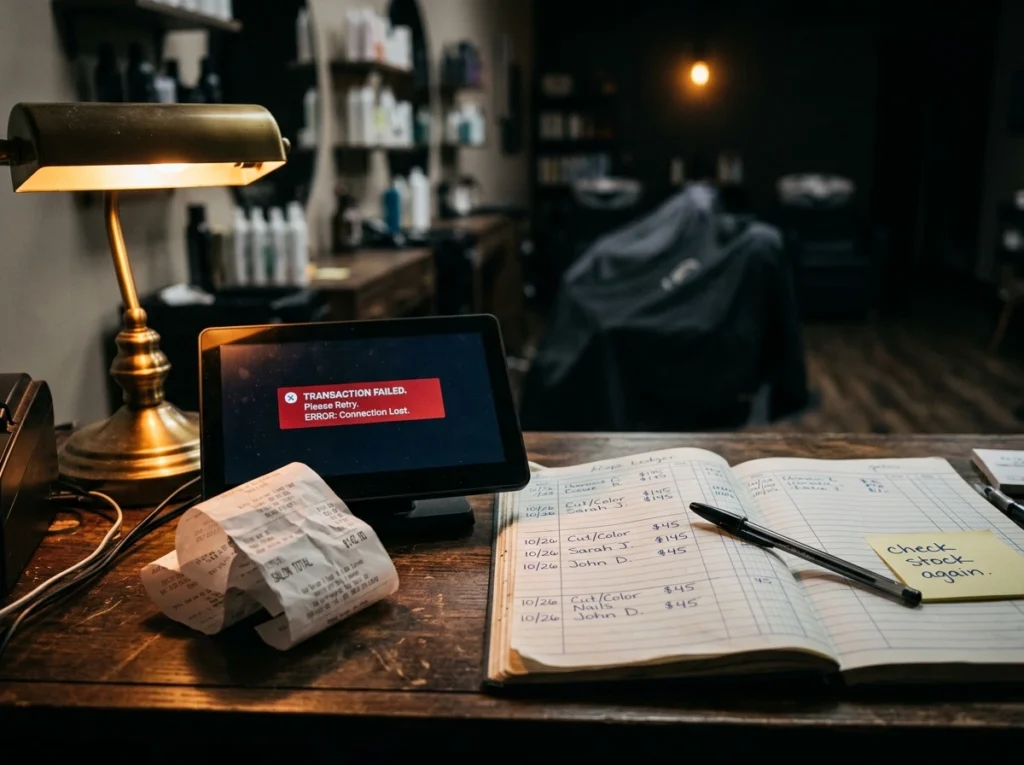Salon desk showing POS billing errors and disorganization.