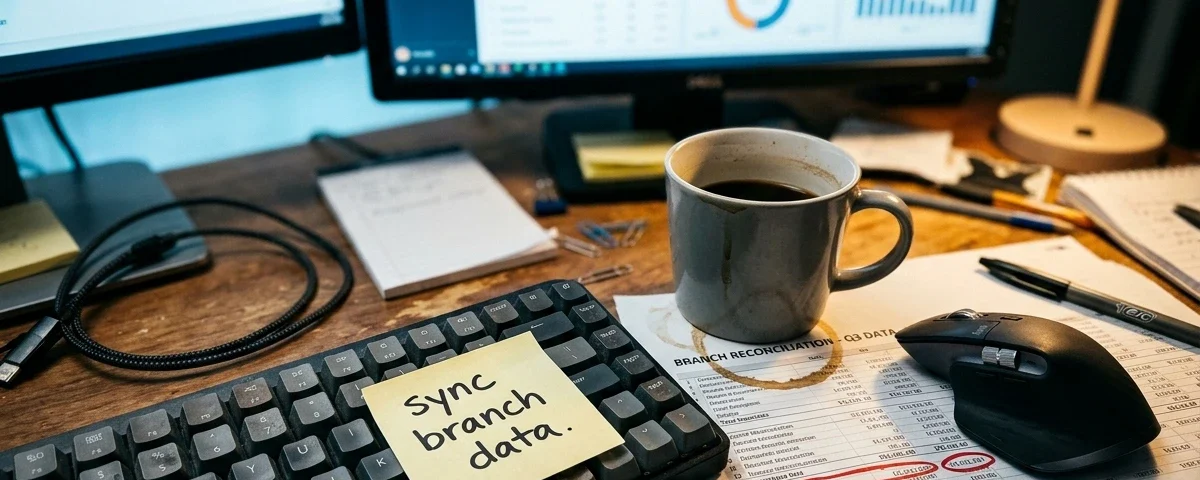 Cluttered office desk showing unresolved salon POS data issues