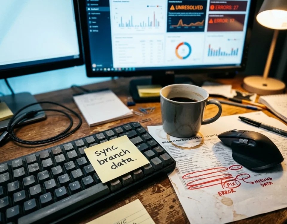 Cluttered office desk showing unresolved salon POS data issues