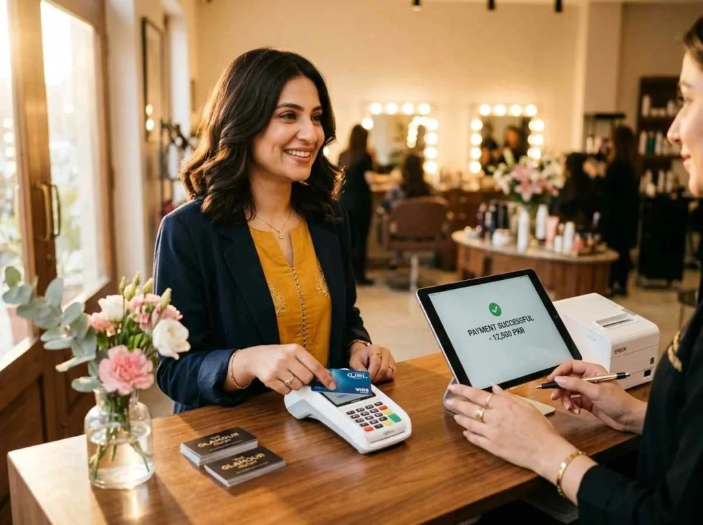 salon client paying at checkout using contactless card payment.