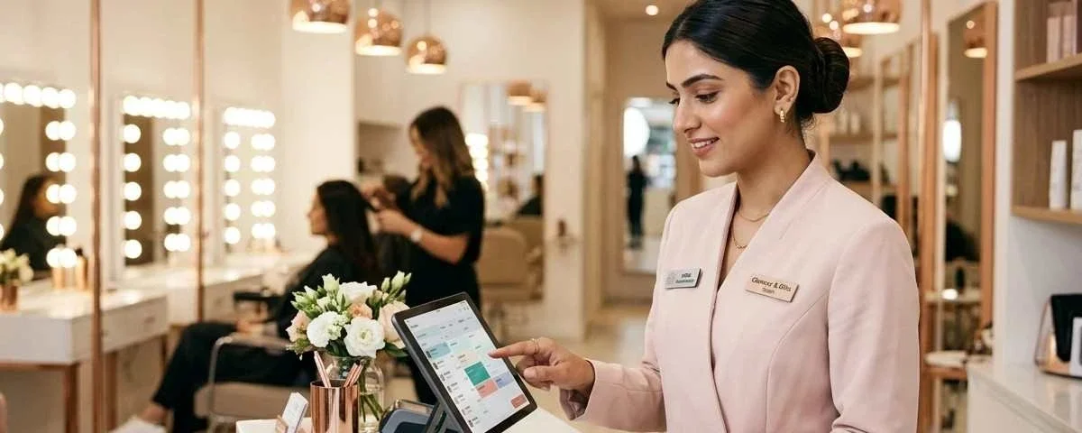 salon receptionist using POS system at front desk