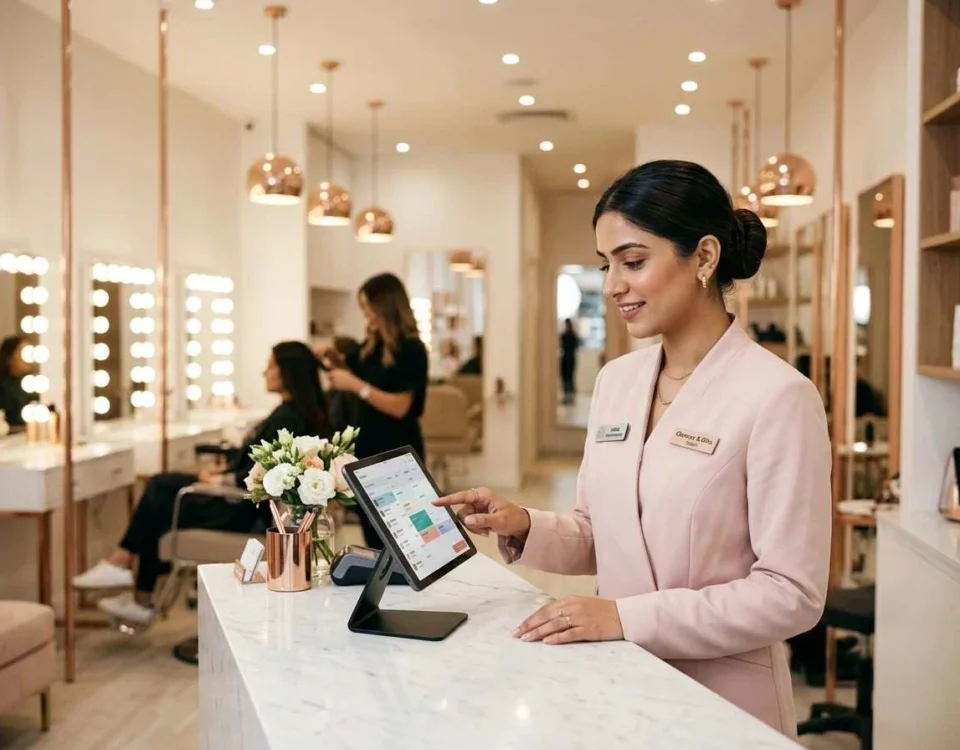 salon receptionist using POS system at front desk