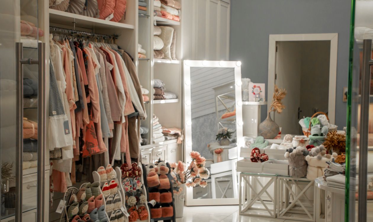 Boutique interior with seasonal stock arranged across shelves and rails